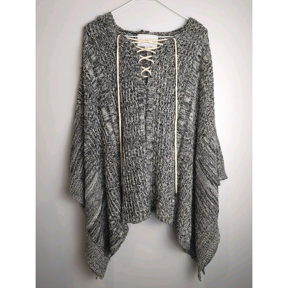 Paper Crane Boho Pullover Hooded Sweater/Poncho Women's Size S Lace Up Neck Knit